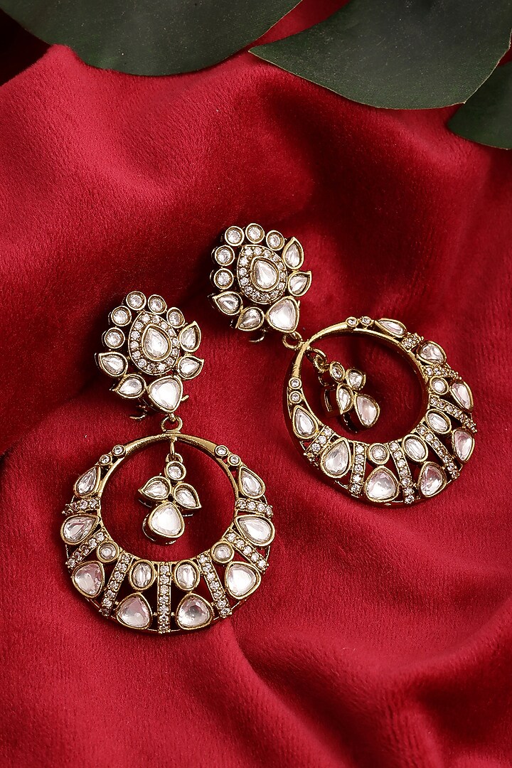 Gold Finish Kundan Polki Chandbali Earrings by Ruby Raang at Pernia's Pop Up Shop