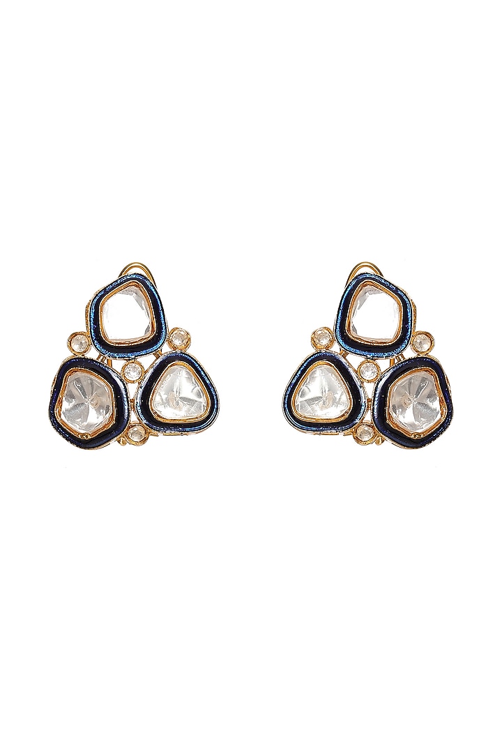 Gold Finish Blue Meenakari Kundan Polki Earrings by Ruby Raang at Pernia's Pop Up Shop