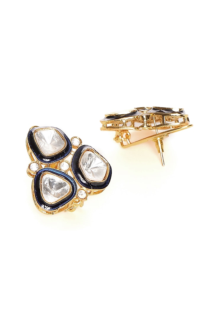 Gold Finish Blue Meenakari Kundan Polki Earrings by Ruby Raang at Pernia's Pop Up Shop