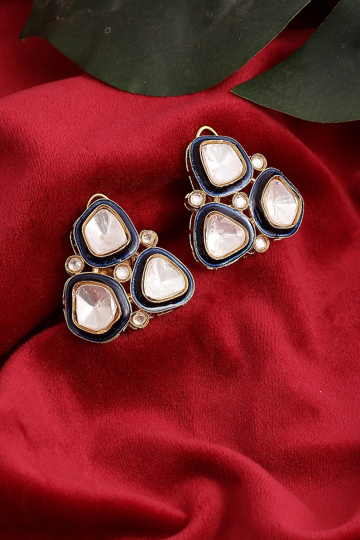 Gold Finish Blue Meenakari Kundan Polki Earrings by Ruby Raang at Pernia's Pop Up Shop