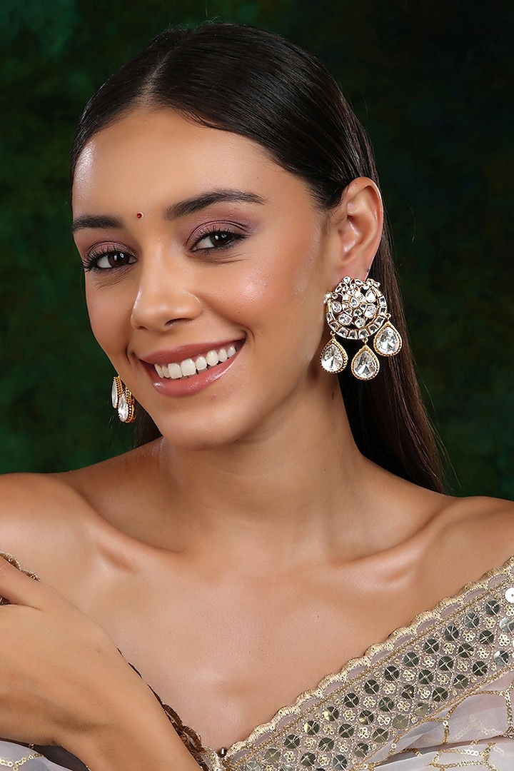 Gold Finish Kundan Polki Chandbali Earrings by Ruby Raang at Pernia's Pop Up Shop