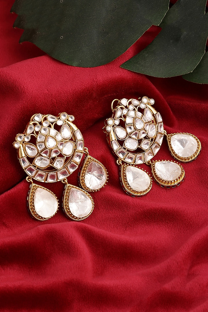 Gold Finish Kundan Polki Chandbali Earrings by Ruby Raang at Pernia's Pop Up Shop