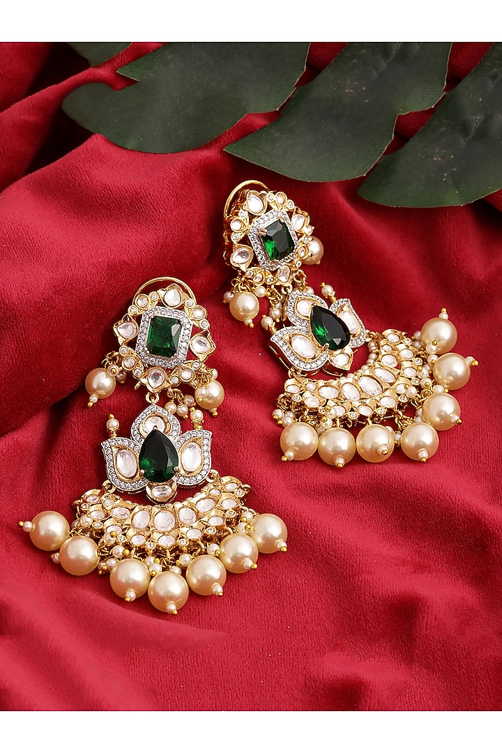 Gold Finish Kundan Polki & Pearl Dangler Earrings by Ruby Raang at Pernia's Pop Up Shop