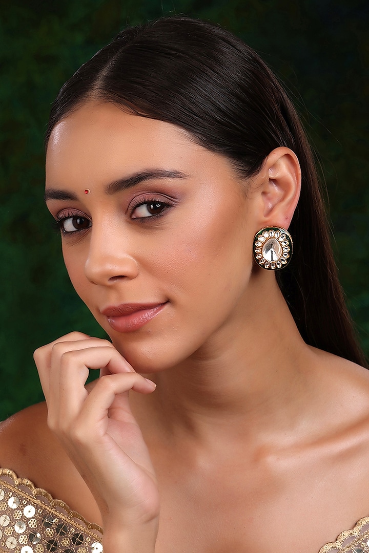 Gold Finish Kundan Polki Green Meenakari Stud Earrings by Ruby Raang at Pernia's Pop Up Shop