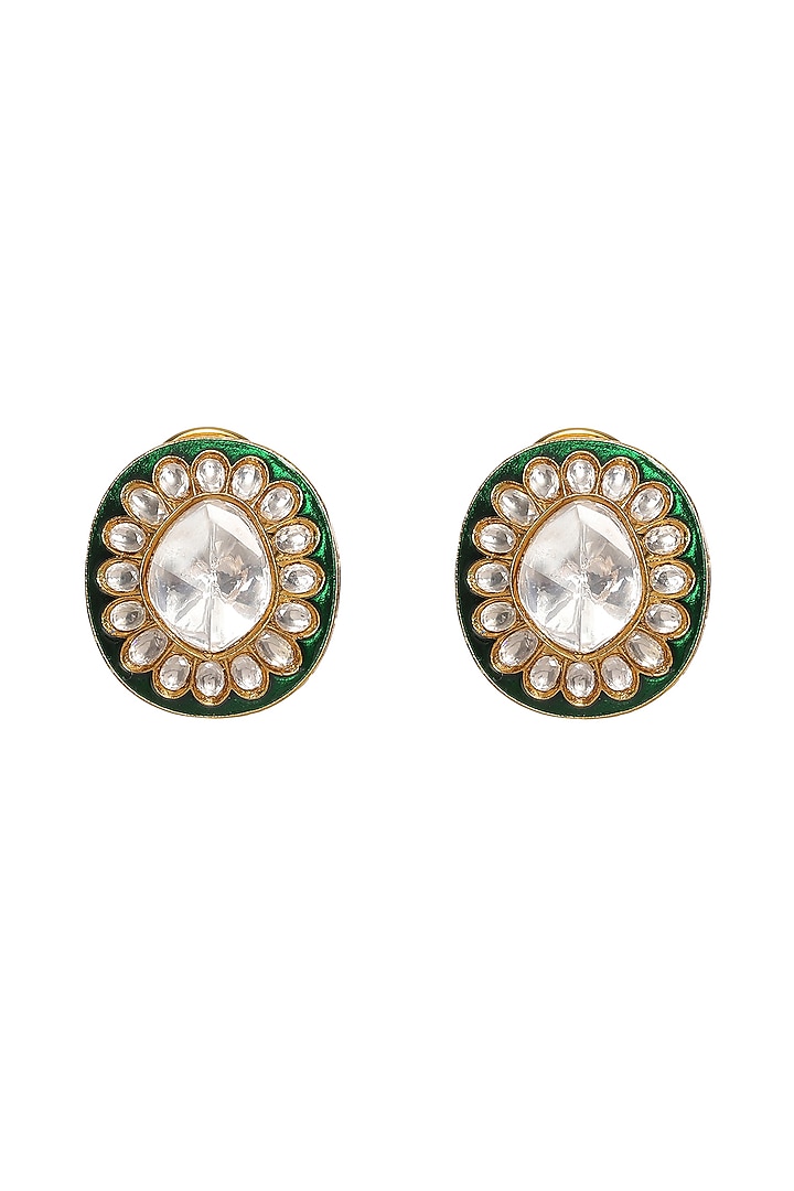 Gold Finish Kundan Polki Green Meenakari Stud Earrings by Ruby Raang at Pernia's Pop Up Shop