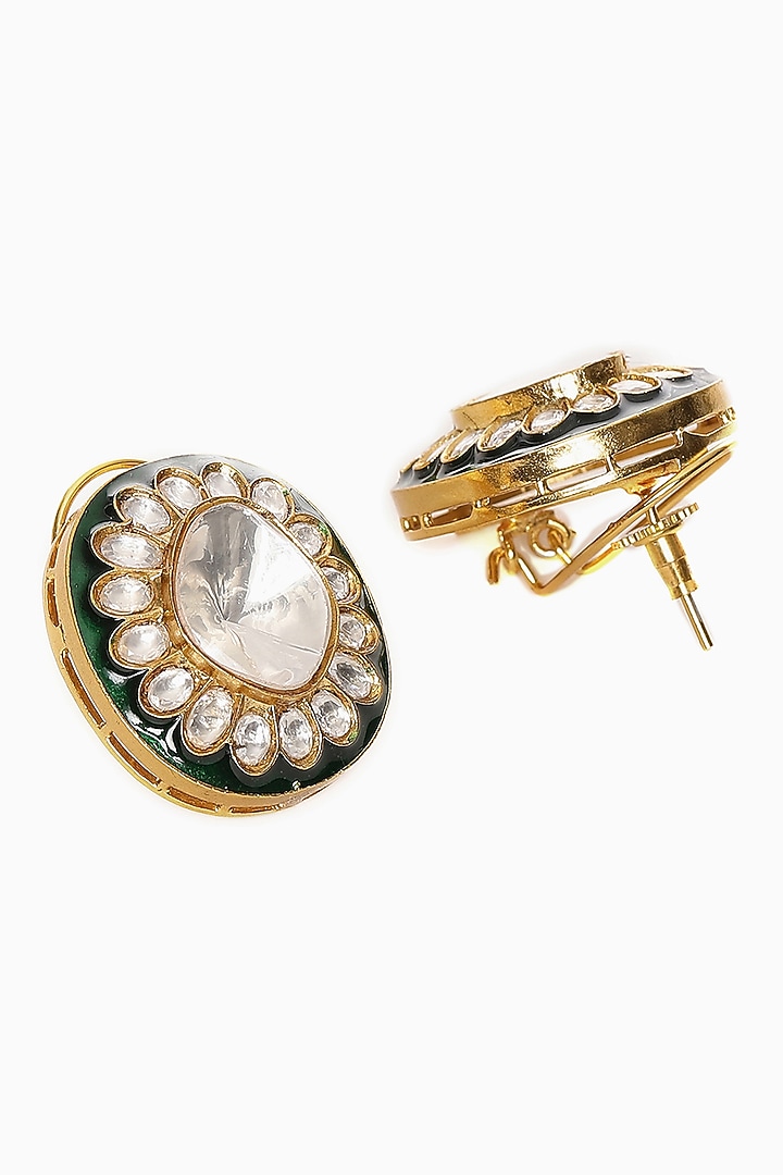 Gold Finish Kundan Polki Green Meenakari Stud Earrings by Ruby Raang at Pernia's Pop Up Shop