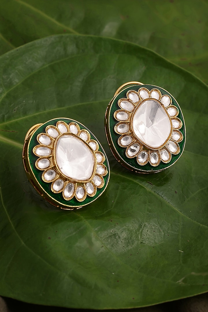 Gold Finish Kundan Polki Green Meenakari Stud Earrings by Ruby Raang at Pernia's Pop Up Shop
