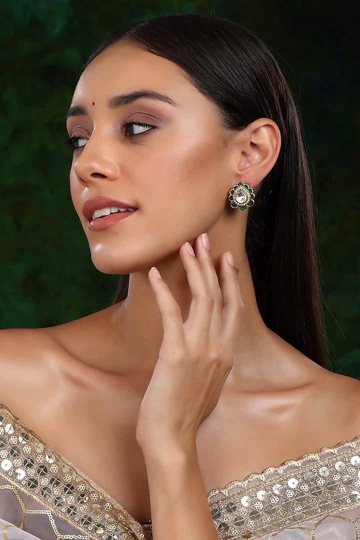 Gold Finish Kundan Polki Teardrop Stud Earrings by Ruby Raang at Pernia's Pop Up Shop