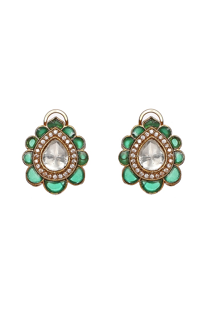Gold Finish Kundan Polki Teardrop Stud Earrings by Ruby Raang at Pernia's Pop Up Shop
