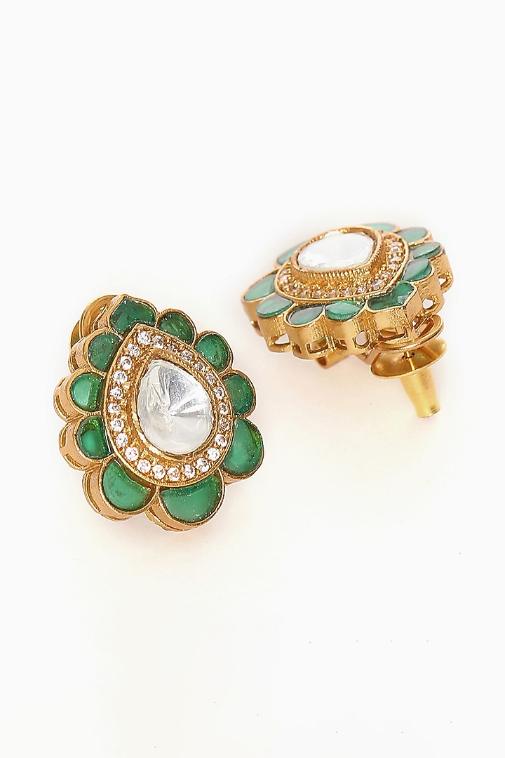 Gold Finish Kundan Polki Teardrop Stud Earrings by Ruby Raang at Pernia's Pop Up Shop