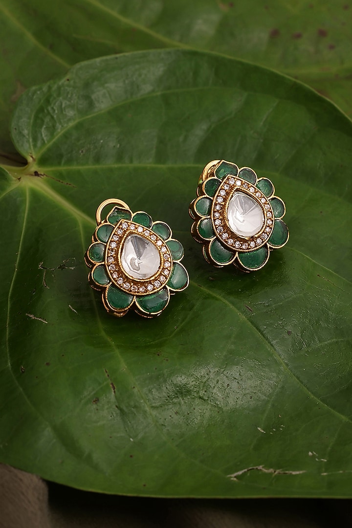 Gold Finish Kundan Polki Teardrop Stud Earrings by Ruby Raang at Pernia's Pop Up Shop