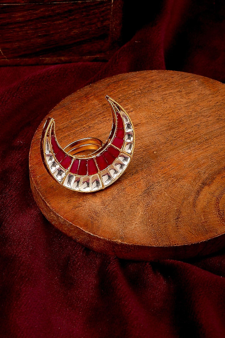 Gold Finish Kundan Polki Half Moon Ring by Ruby Raang at Pernia's Pop Up Shop