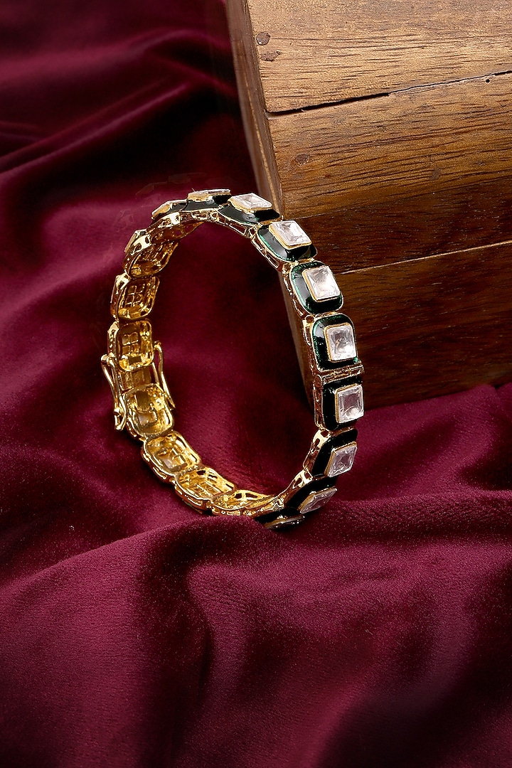 Gold Finish Kundan Polki Meenakari Bangle by Ruby Raang at Pernia's Pop Up Shop