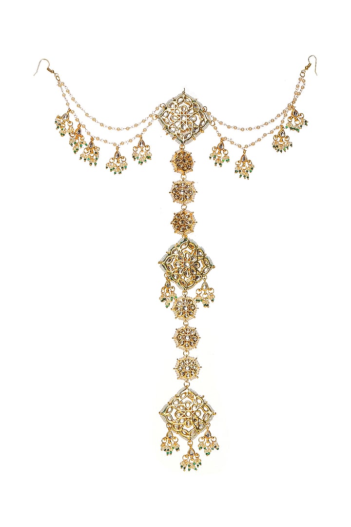 Gold Finish Kundan Polki & Pearl Hair Braid by Ruby Raang at Pernia's Pop Up Shop
