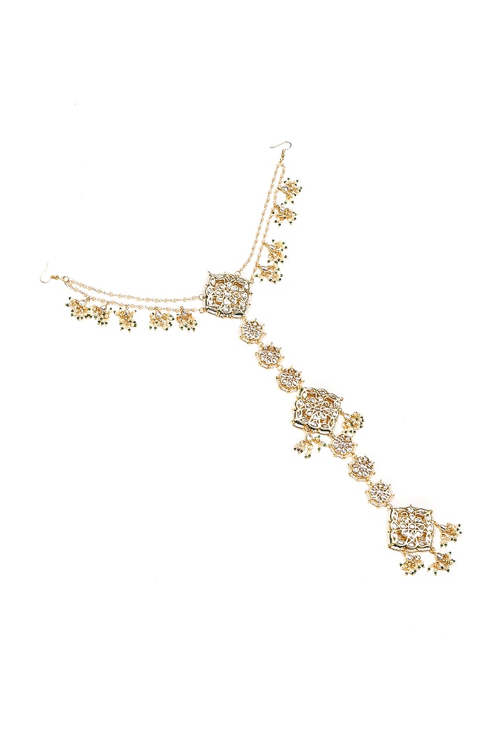 Gold Finish Kundan Polki & Pearl Hair Braid by Ruby Raang at Pernia's Pop Up Shop
