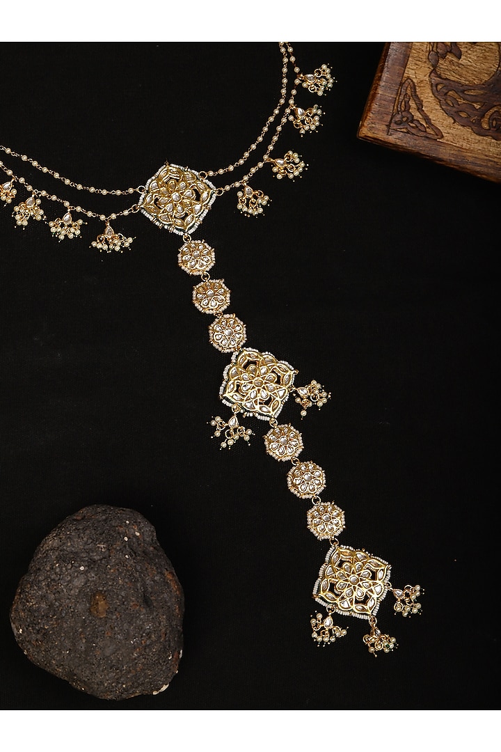Gold Finish Kundan Polki & Pearl Hair Braid by Ruby Raang at Pernia's Pop Up Shop