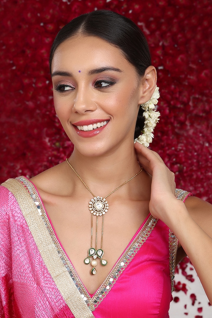 Gold Finish Kundan Polki Long Necklace by Ruby Raang at Pernia's Pop Up Shop