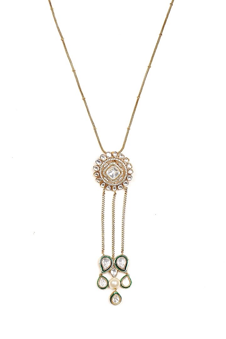 Gold Finish Kundan Polki Long Necklace by Ruby Raang at Pernia's Pop Up Shop