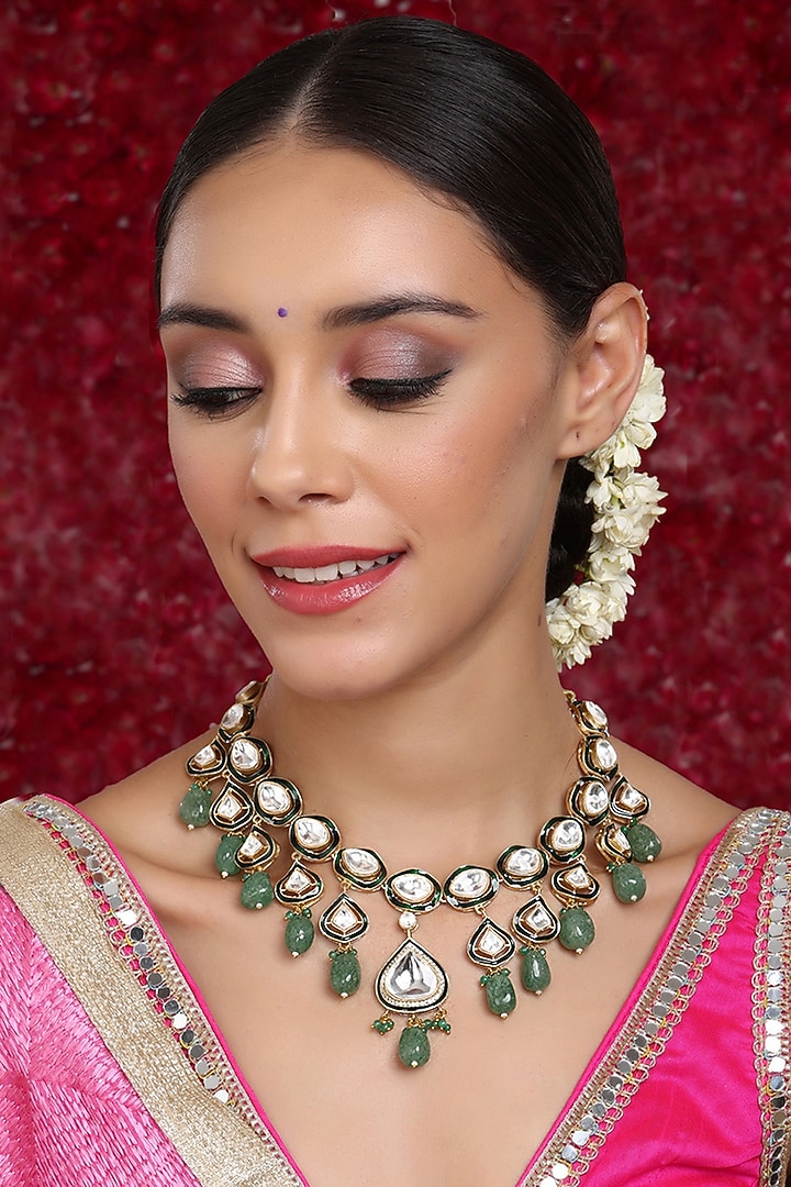 Gold Finish Kundan Polki & Stone Meenakari Necklace by Ruby Raang at Pernia's Pop Up Shop