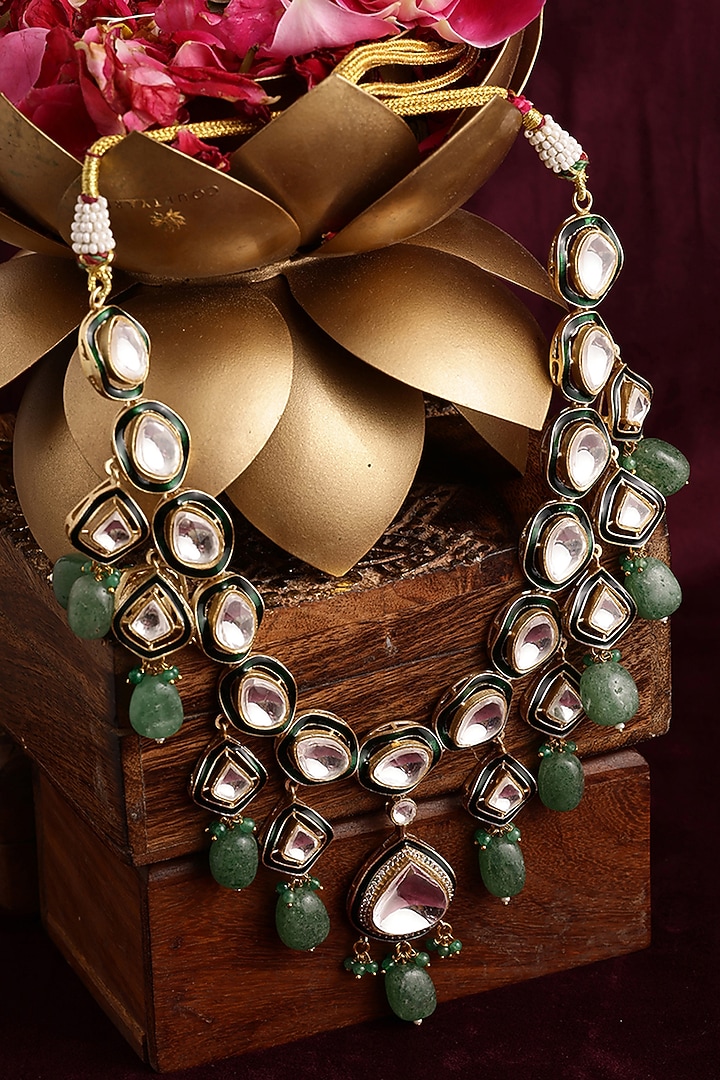 Gold Finish Kundan Polki & Stone Meenakari Necklace by Ruby Raang at Pernia's Pop Up Shop