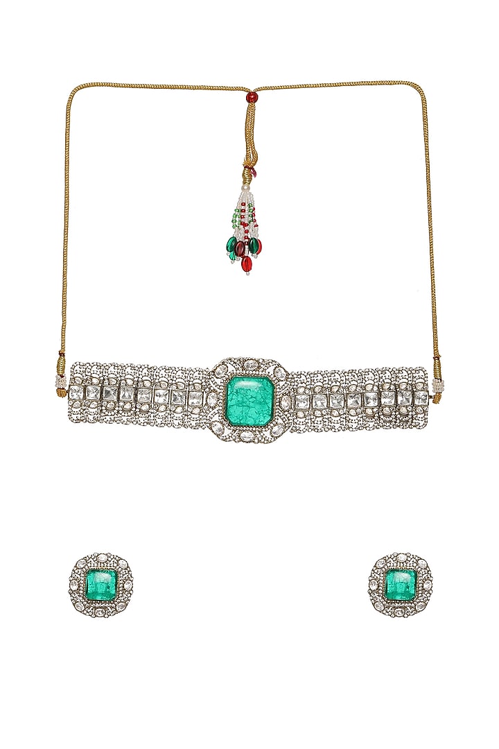 Gold Finish Emerald Stone & Moissanite Choker Necklace Set by Ruby Raang at Pernia's Pop Up Shop