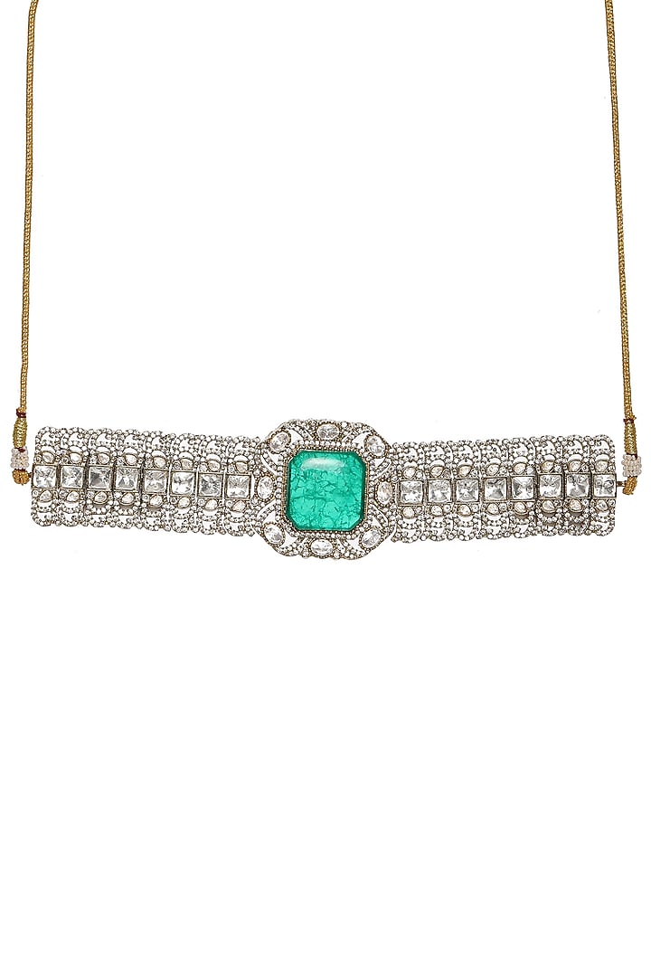 Gold Finish Emerald Stone & Moissanite Choker Necklace Set by Ruby Raang at Pernia's Pop Up Shop