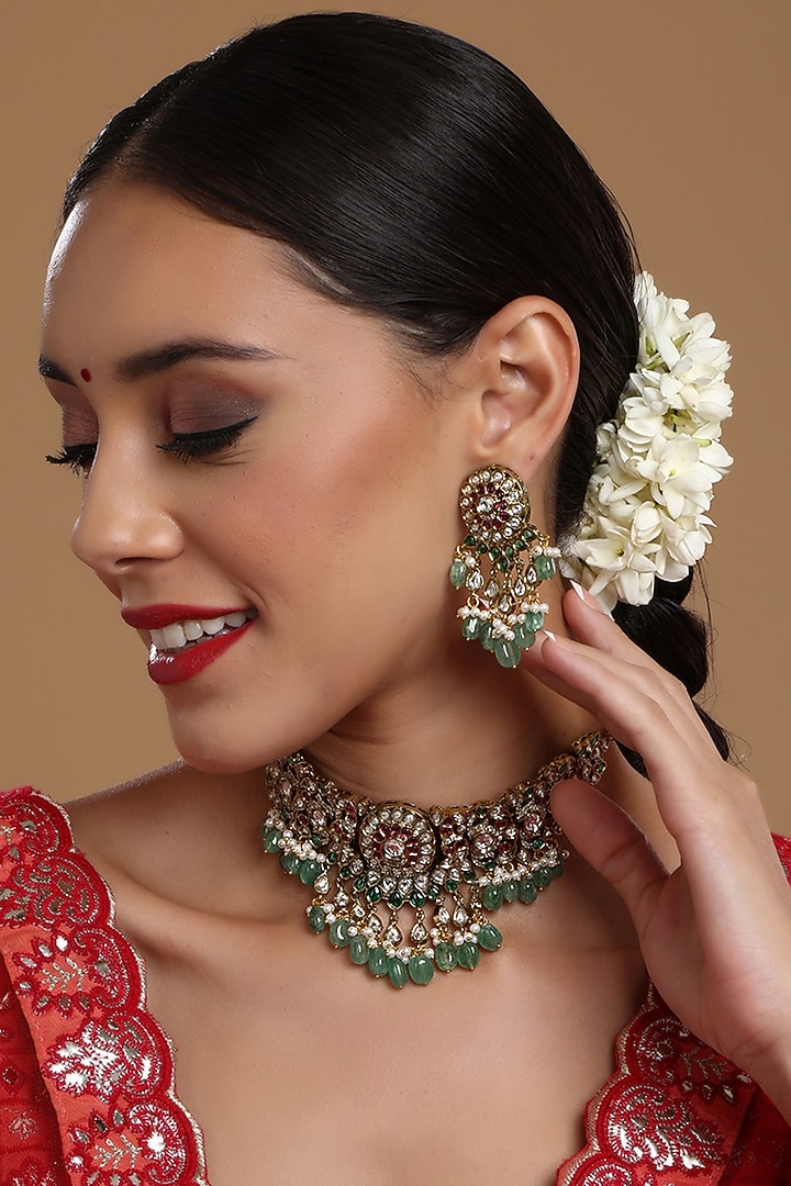 Gold Finish Kundan Polki & Emerald Choker Necklace Set by Ruby Raang at Pernia's Pop Up Shop
