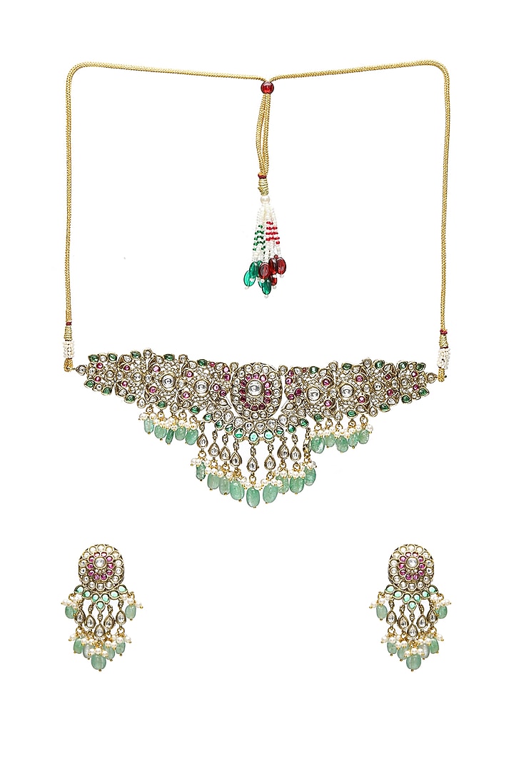 Gold Finish Kundan Polki & Emerald Choker Necklace Set by Ruby Raang at Pernia's Pop Up Shop