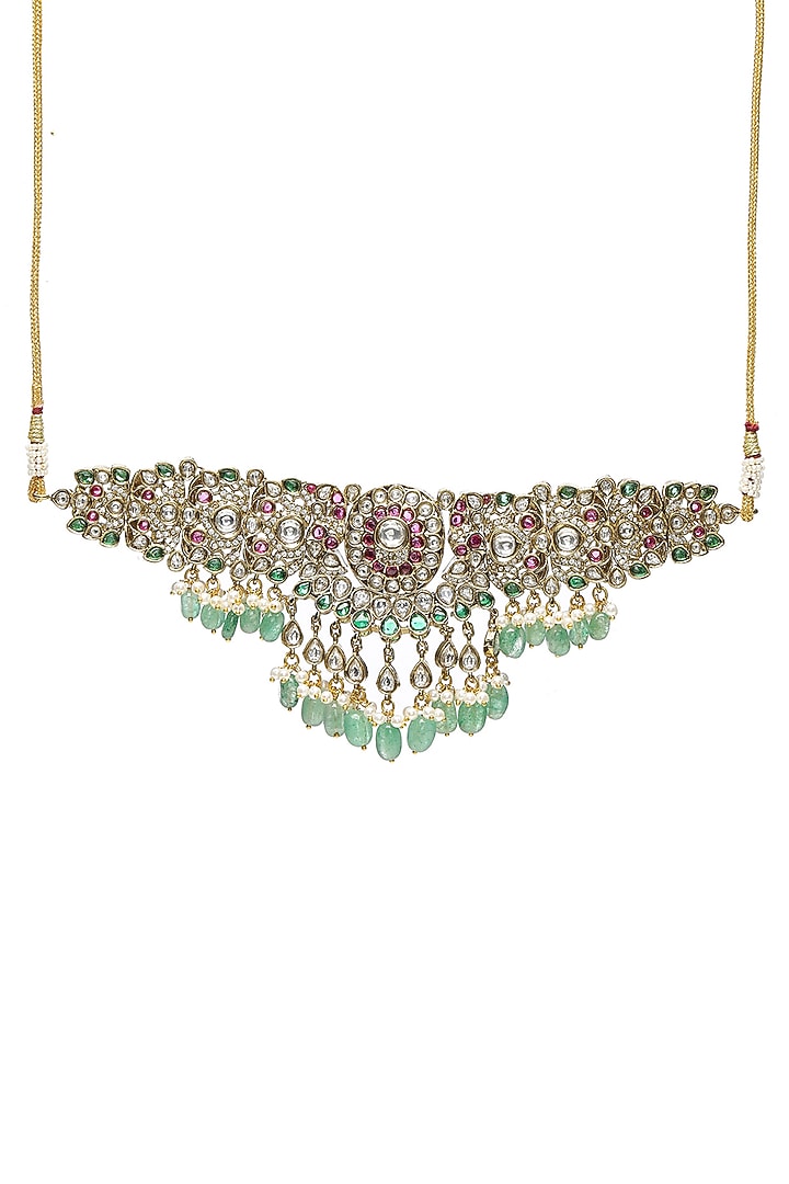 Gold Finish Kundan Polki & Emerald Choker Necklace Set by Ruby Raang at Pernia's Pop Up Shop