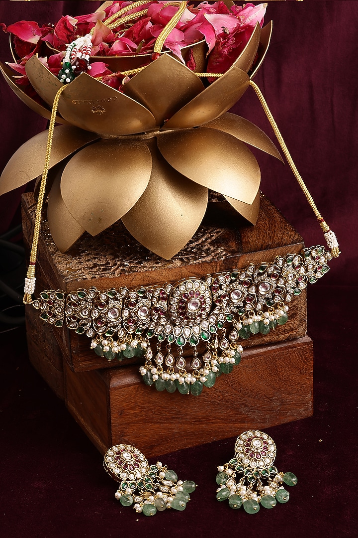 Gold Finish Kundan Polki & Emerald Choker Necklace Set by Ruby Raang at Pernia's Pop Up Shop