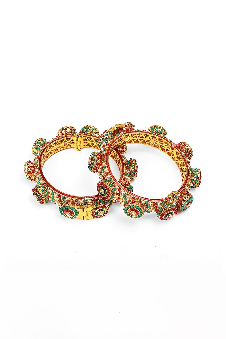 Gold Finish Multi-Colored Kundan Polki Bangles (Set Of 2) by Ruby Raang at Pernia's Pop Up Shop