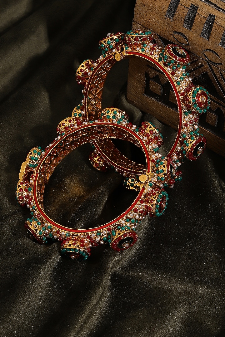 Gold Finish Multi-Colored Kundan Polki Bangles (Set Of 2) by Ruby Raang at Pernia's Pop Up Shop
