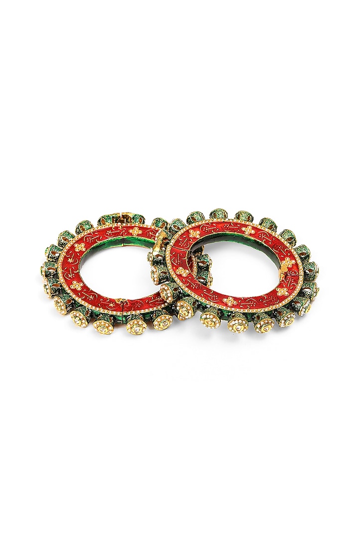 Gold Finish Multi-Colored Kundan Polki Bangles (Set Of 2) by Ruby Raang at Pernia's Pop Up Shop