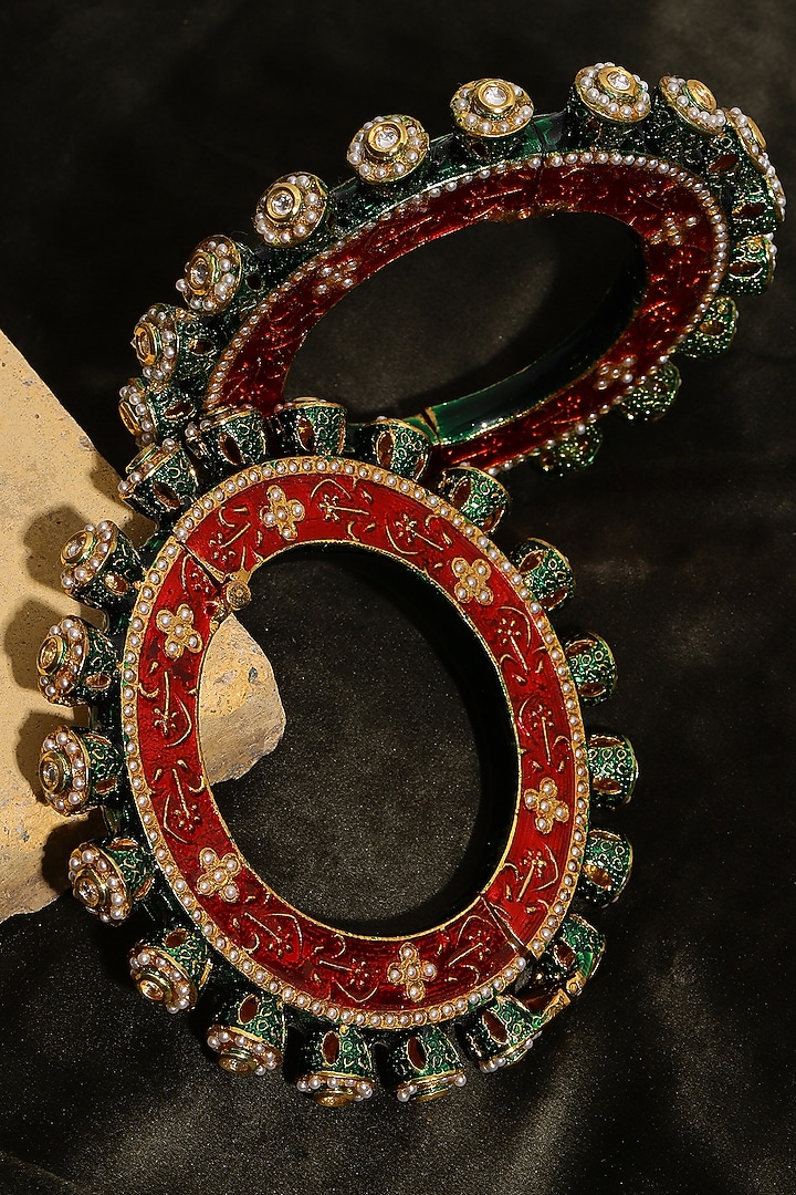 Gold Finish Multi-Colored Kundan Polki Bangles (Set Of 2) by Ruby Raang at Pernia's Pop Up Shop
