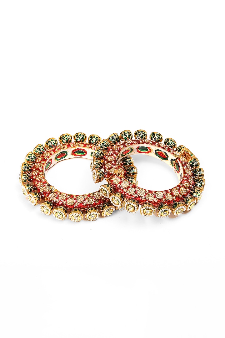 Gold Finish Multi-Colored Kundan Polki Bangles (Set Of 2) by Ruby Raang at Pernia's Pop Up Shop