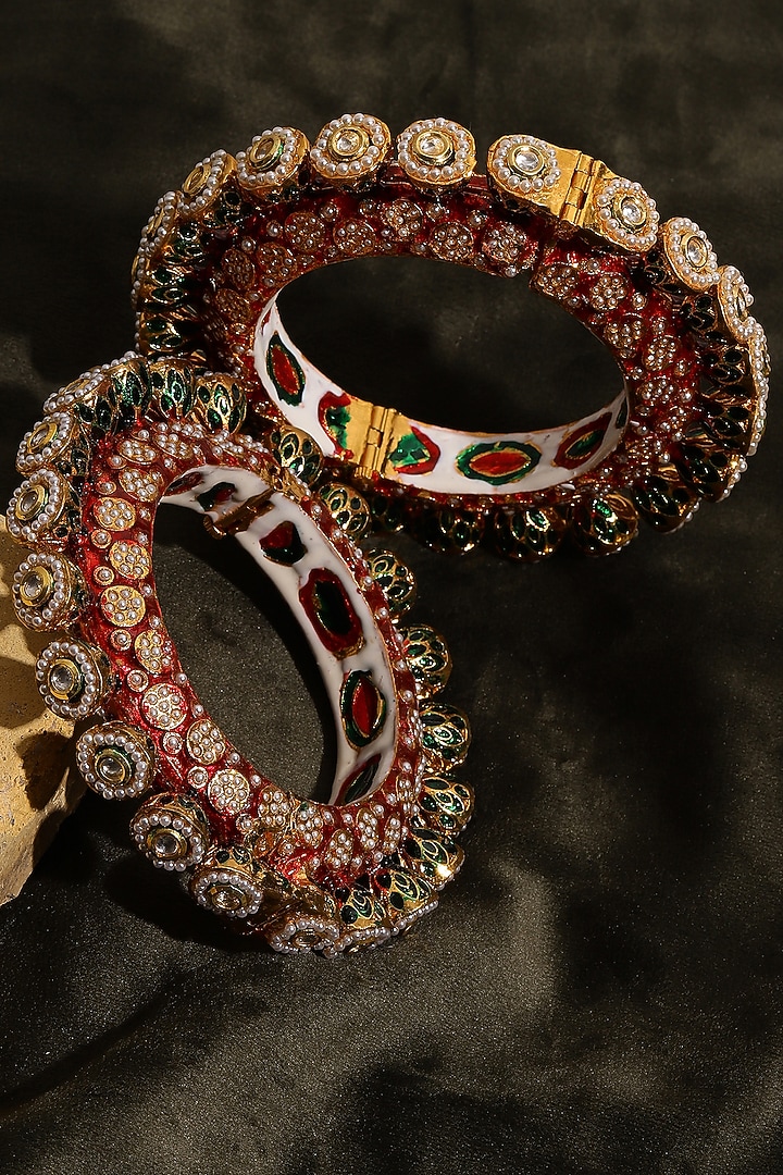 Gold Finish Multi-Colored Kundan Polki Bangles (Set Of 2) by Ruby Raang at Pernia's Pop Up Shop
