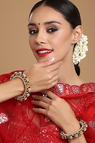 Gold Finish Multi-Colored Kundan Polki Bangles (Set Of 2) by Ruby Raang