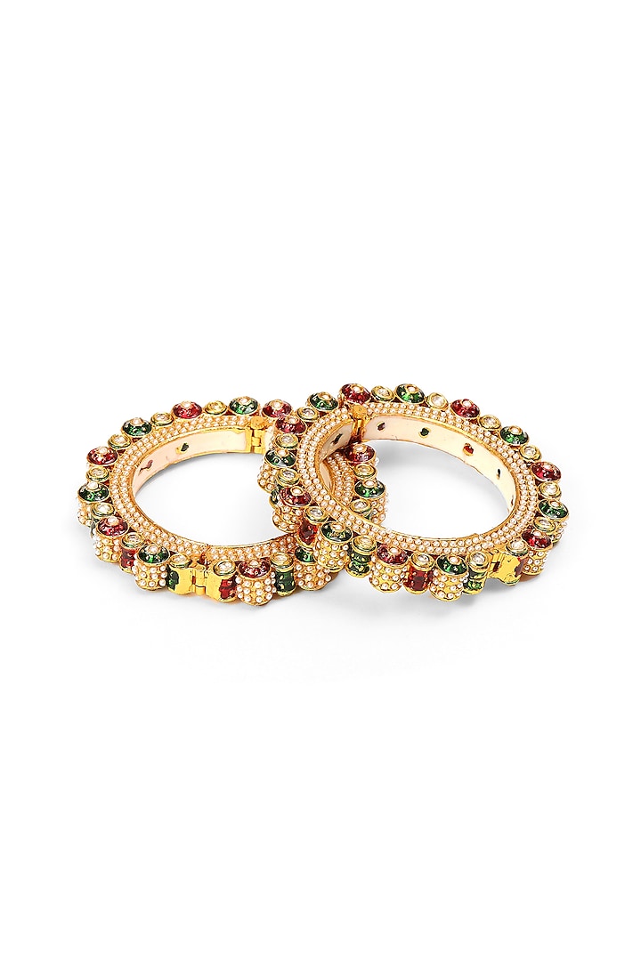 Gold Finish Multi-Colored Kundan Polki Bangles (Set Of 2) by Ruby Raang at Pernia's Pop Up Shop