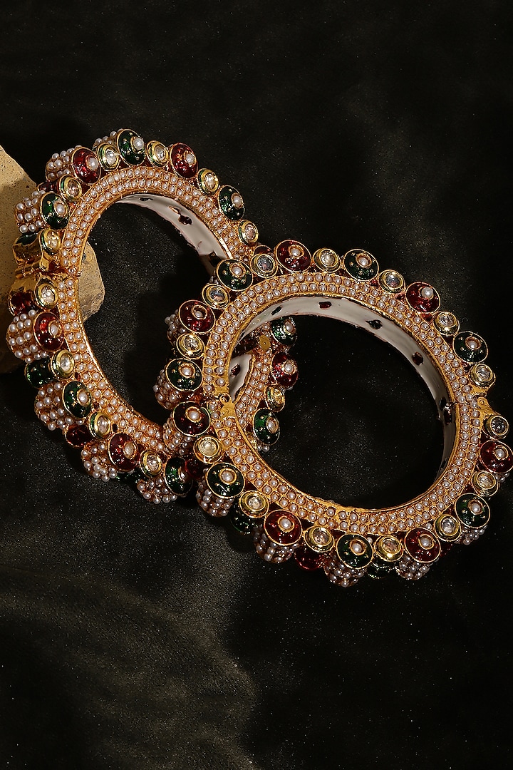 Gold Finish Multi-Colored Kundan Polki Bangles (Set Of 2) by Ruby Raang at Pernia's Pop Up Shop