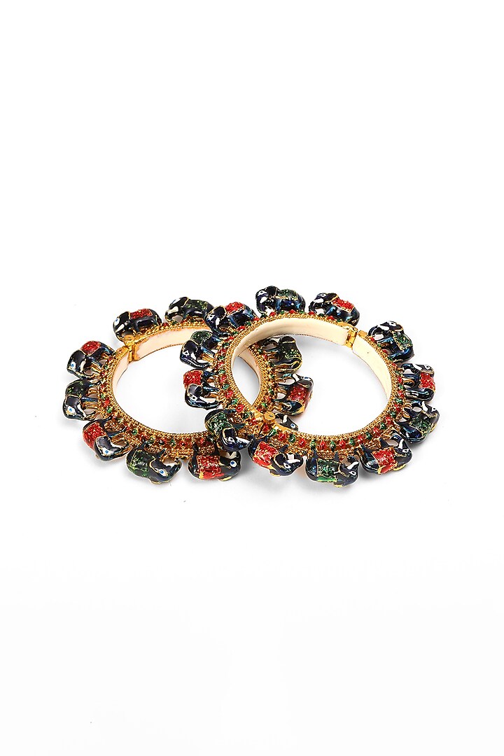 Gold Finish Multi-Colored Kundan Polki Bangles (Set Of 2) by Ruby Raang at Pernia's Pop Up Shop