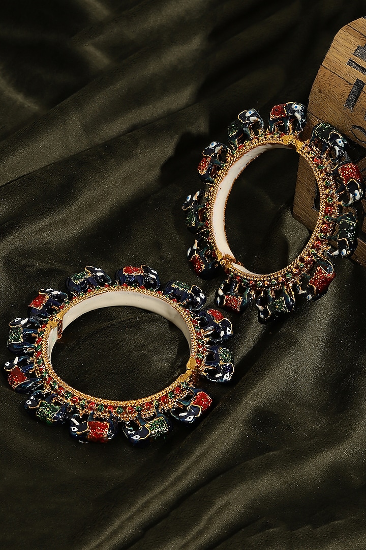 Gold Finish Multi-Colored Kundan Polki Bangles (Set Of 2) by Ruby Raang at Pernia's Pop Up Shop