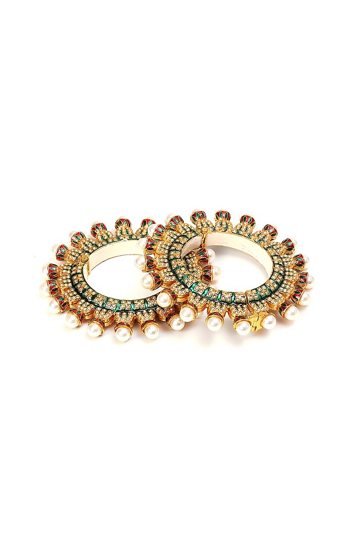 Gold Finish Multi-Colored Kundan Polki Bangles (Set Of 2) by Ruby Raang at Pernia's Pop Up Shop