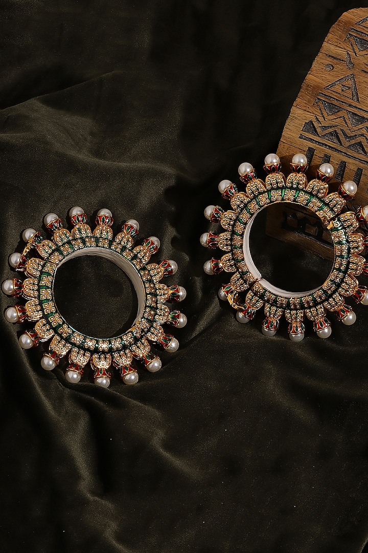 Gold Finish Multi-Colored Kundan Polki Bangles (Set Of 2) by Ruby Raang at Pernia's Pop Up Shop