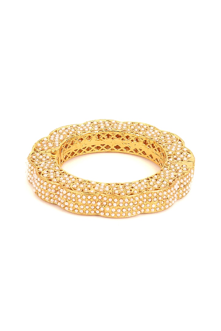 Gold Finish White Kundan Polki Bangles (Set Of 2) by Ruby Raang at Pernia's Pop Up Shop