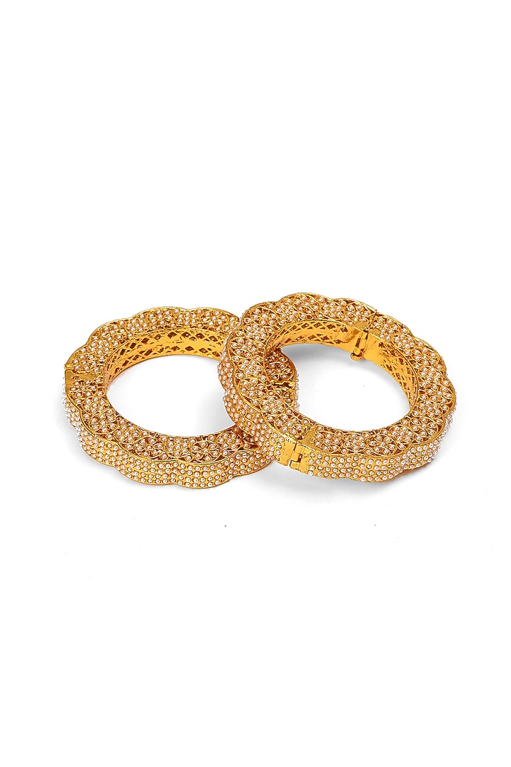 Gold Finish White Kundan Polki Bangles (Set Of 2) by Ruby Raang at Pernia's Pop Up Shop