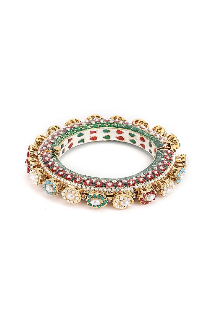 Gold Finish Multi-Colored Kundan Polki Bangles (Set Of 2) by Ruby Raang at Pernia's Pop Up Shop