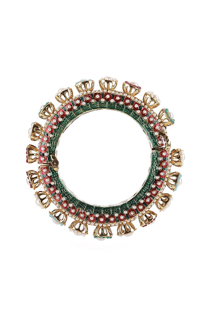 Gold Finish Multi-Colored Kundan Polki Bangles (Set Of 2) by Ruby Raang at Pernia's Pop Up Shop