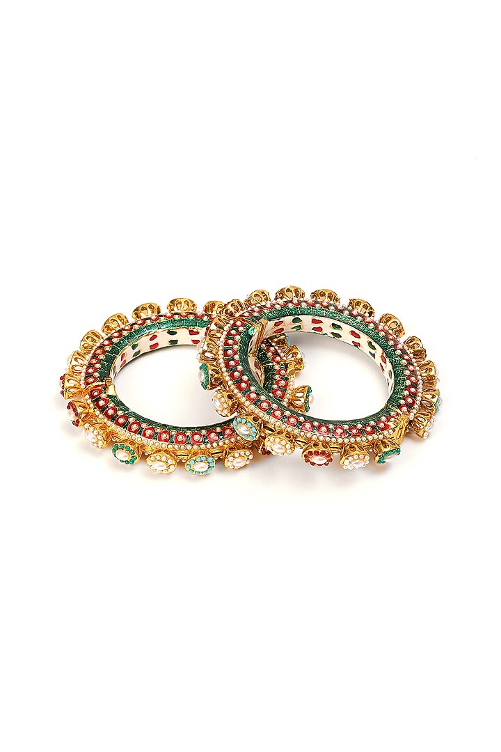 Gold Finish Multi-Colored Kundan Polki Bangles (Set Of 2) by Ruby Raang at Pernia's Pop Up Shop