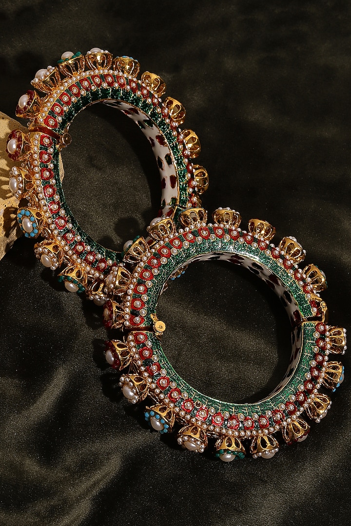 Gold Finish Multi-Colored Kundan Polki Bangles (Set Of 2) by Ruby Raang at Pernia's Pop Up Shop