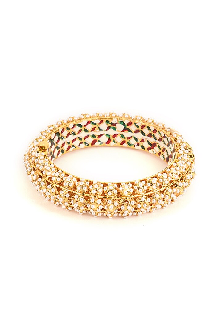 Gold Finish White Kundan Polki Bangles (Set Of 2) by Ruby Raang at Pernia's Pop Up Shop